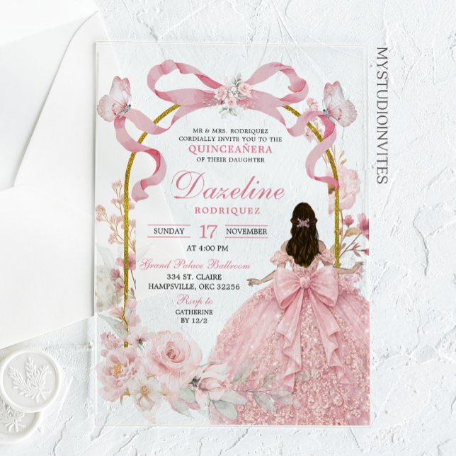 Pink Bow Coquette Butterfly Quinceañera Acrylic Invitations (Creator Uploaded)