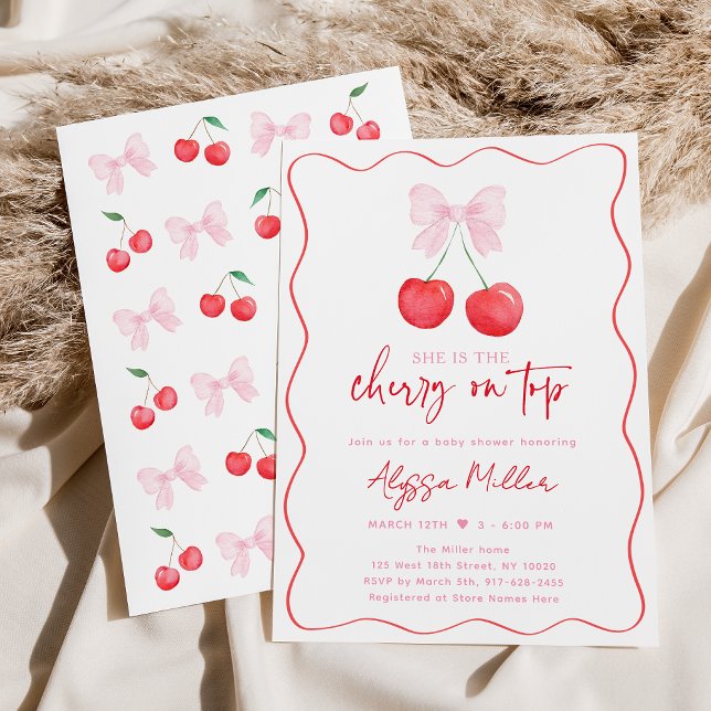 Pink Bow Coquette Cherry Baby Shower Invitation (Creator Uploaded)
