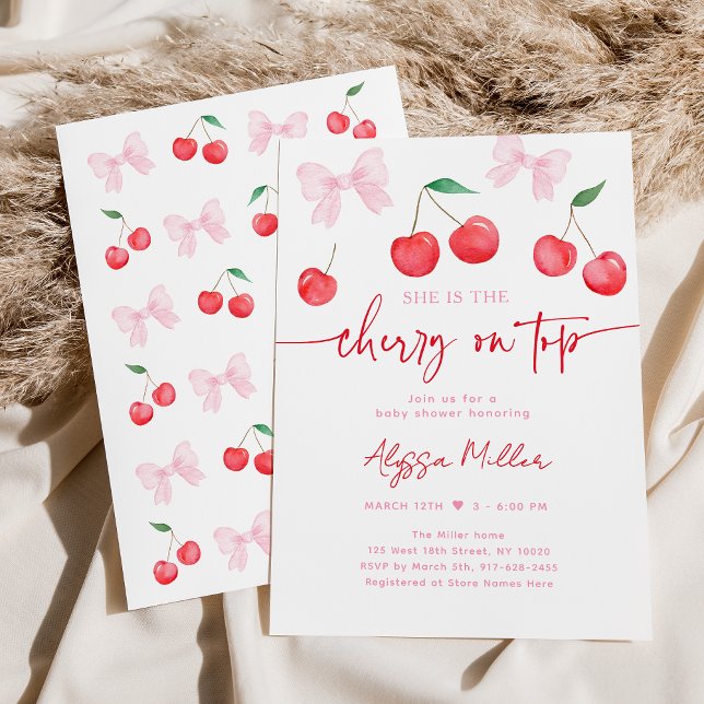 Pink Bow Coquette Cherry Baby Shower Invitation (Creator Uploaded)