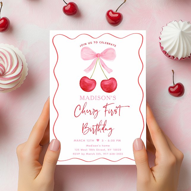 Pink Bow Coquette Cherry First Birthday Invitation (Creator Uploaded)