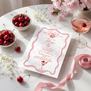  Pink bow coquette cherry on top 1st birthday  Invitation
