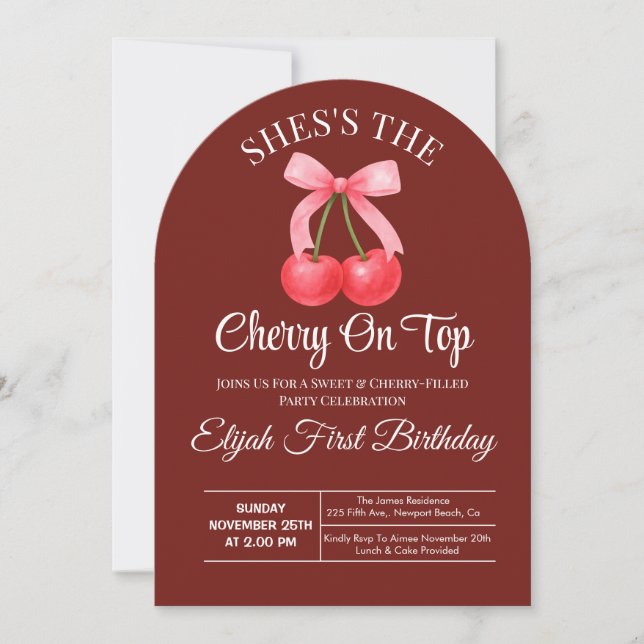 Pink Bow Coquette Cherry On Top Girl 1st Birthday Invitation (Front)