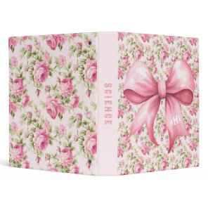 Pink Bow Coquette Cottage Rose Monogram 3 Ring Binder