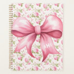 Pink Bow Coquette Cottage Rose Monogram Planner<br><div class="desc">This design features a very chic pink rose patterned background with a coordinating pink bow. You can personalize with your monogram initials on the right tail of the bow.</div>