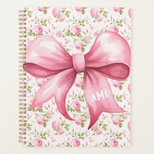 Pink Bow Coquette Cottage Rose Monogram Planner