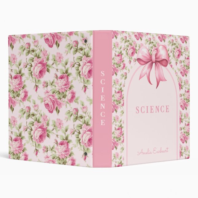 Pink Bow Coquette Cottage Rose School Subject 3 Ring Binder (Background)