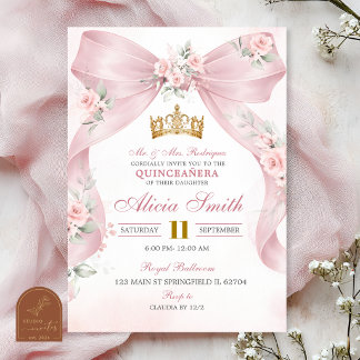 Pink Bow Coquette Crown Floral Quinceanera Invitat Invitation