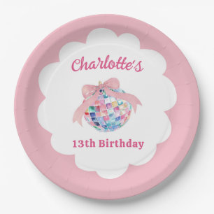 Pink Bow Coquette Disco Ball Girl Birthday Paper Plates