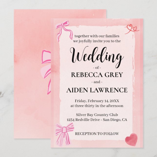 Pink Bow Coquette Elegant Modern Elegant Wedding Invitation (Front/Back)