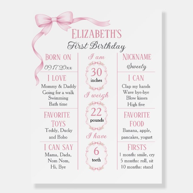 Pink Bow Coquette First Birthday Milestone Poster (Front)