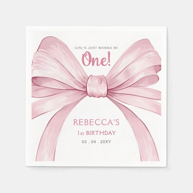 Pink Bow Coquette First Birthday Napkins (Front)