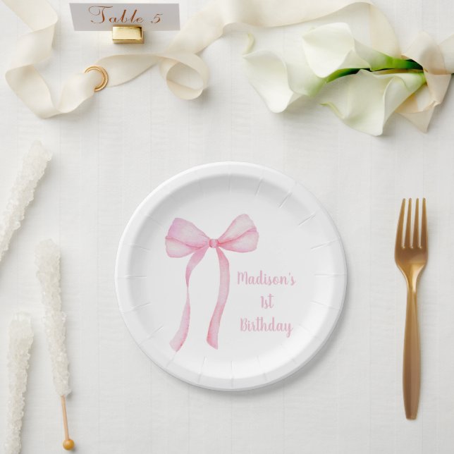 Pink Bow Coquette First Birthday Paper Plates (Wedding)