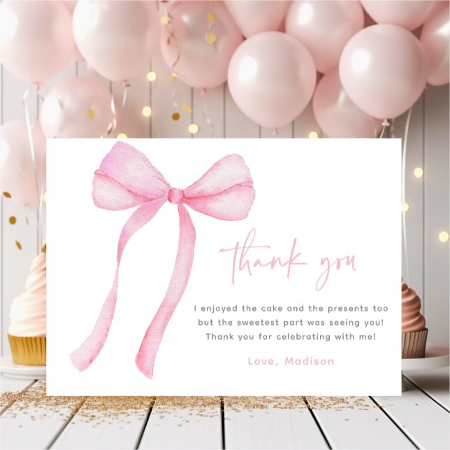 Pink Bow Coquette First Birthday Thank You Card (Creator Uploaded)