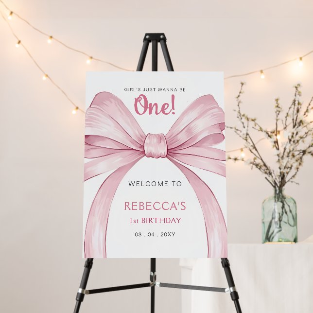 Pink Bow Coquette First Birthday Welcome Sign (In Situ (Stand))
