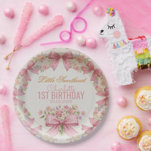 Pink Bow Coquette Floral 1st Birthday Personalized Paper Plates