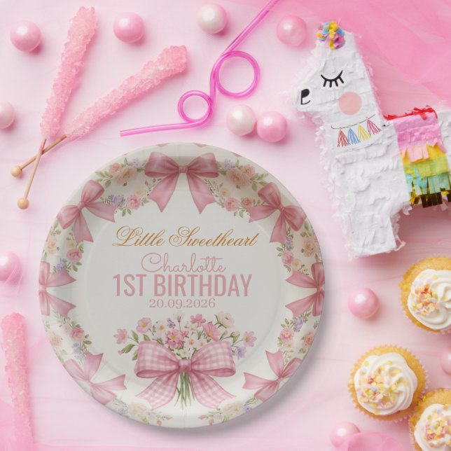 Pink Bow Coquette Floral 1st Birthday Personalized Paper Plates (Party)