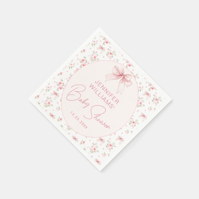 Pink Bow Coquette Floral Baby Girl Shower Paper Napkins (Corner)