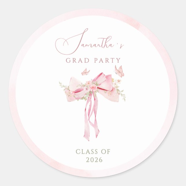  Pink bow coquette FLORAL graduation  Classic Round Sticker (Front)