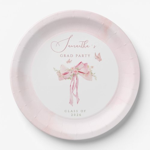Pink bow coquette FLORAL graduation  Paper Plates