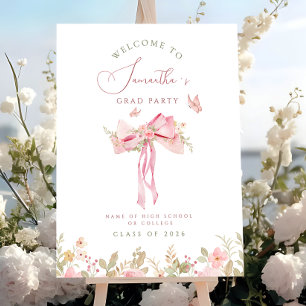 Pink bow coquette FLORAL graduation welcome sign