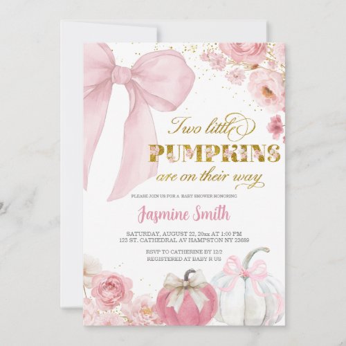 Pink Bow coquette floral Pumpkin Twins Baby Shower Invitation