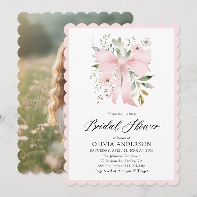 Pink Bow Coquette Floral Scalloped Bridal Shower Invitation (Front/Back)