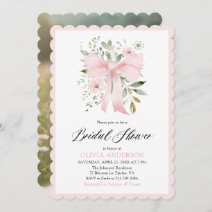 Pink Bow Coquette Floral Scalloped Bridal Shower Invitation