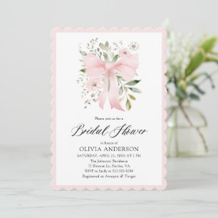 Pink Bow Coquette Floral Scalloped Bridal Shower Invitation