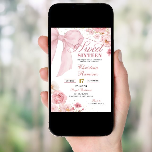 Pink Bow Coquette floral Sweet Sixteen Invitation (Front Digital)