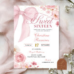 Pink Bow Coquette floral Sweet Sixteen Invitation<br><div class="desc">Blush Pink Bow Coquette Sweet Sixteen Invitation,  Pink Floral Blossom Mis Quince Años Invitation,  Editable Roses XV Invitations</div>