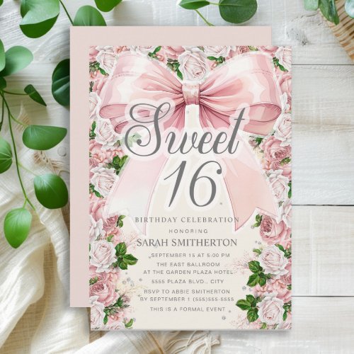 Pink Bow Coquette Floral Vintage Sweet 16 Invitation