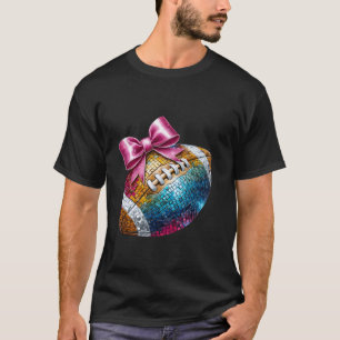 Pink Bow Coquette Football Disco Ball Game Day Mom T-Shirt