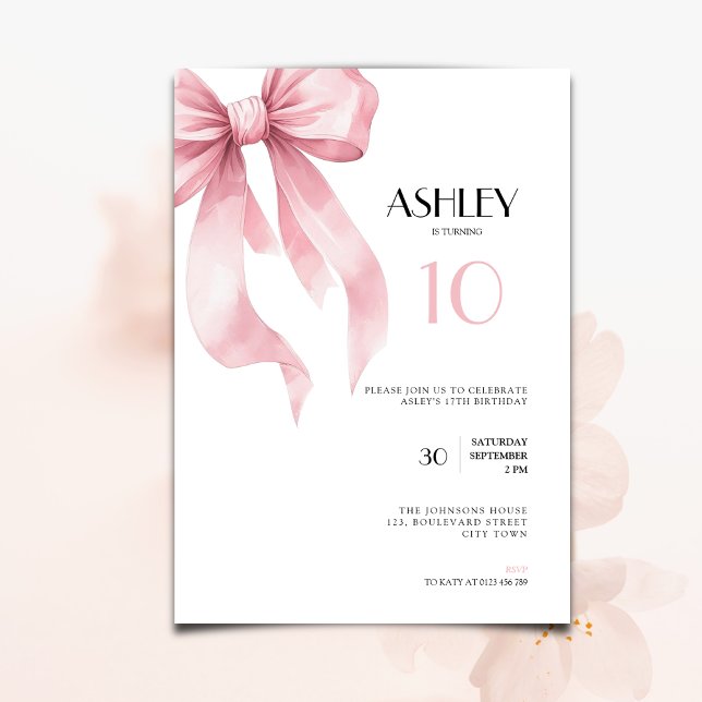 Pink Bow Coquette for Girls 10th Birthday Invitation (Creator Uploaded)