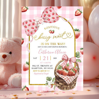 Pink Bow Coquette Gingham Berry Sweet Baby Shower Invitation