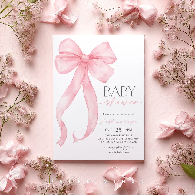 Pink Bow Coquette Girl Baby Shower Invitation | Zazzle
