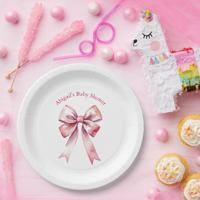 Pink Bow Coquette Girl Baby Shower Paper Plates (Party)