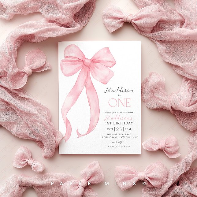 Pink Bow Coquette Girls 1st Birthday  Invitation (Pink Bow 1st Birthday Invitation | Girl's First Birthday Coquette Invitation | Pink Bow Party)