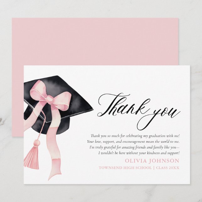 Pink Bow  Coquette Graduation Cap  Thank You Cards (Front/Back)