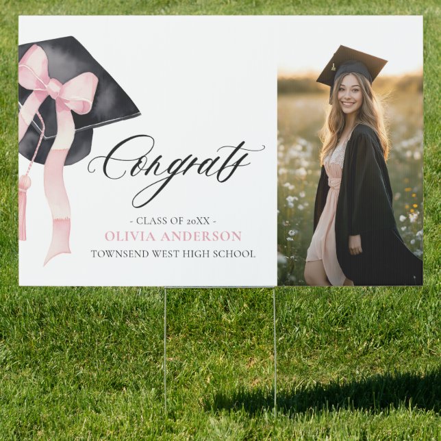 Pink Bow Coquette Graduation Picture Congrats Yard Sign (Insitu)