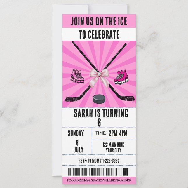 Pink Bow Coquette Ice Hockey  Ticket Birthday  Invitation (Front)