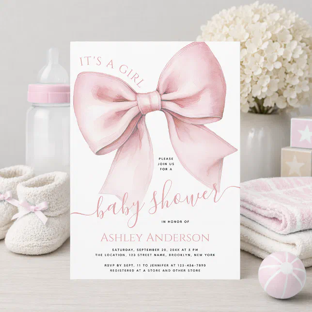 Pink Bow Coquette It's a Girl Baby Shower Invitation | Zazzle