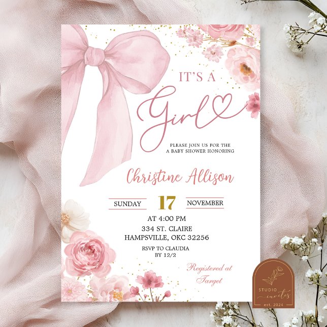 Pink Bow coquette It's a girl baby shower  Invitation (Creator Uploaded)