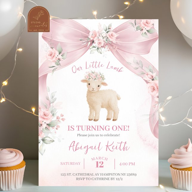 Pink Bow Coquette Lamb Birthday Invitation (Creator Uploaded)