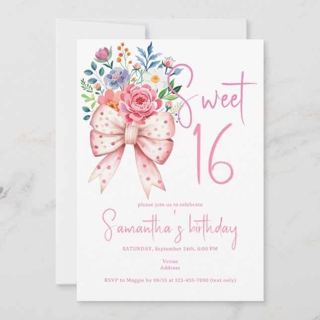 Pink Bow Coquette Modern Floral Sweet 16 Birthday  Invitation (Front)