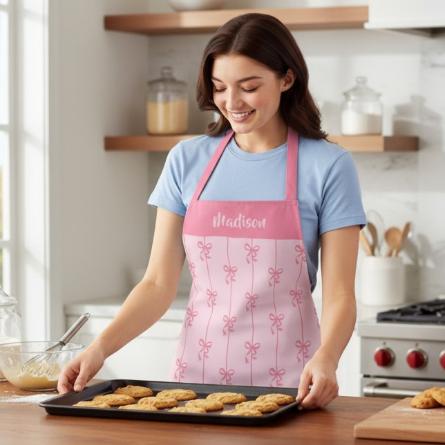 Pink Bow Coquette Modern Girly Personalized Name Apron (Creator Uploaded)