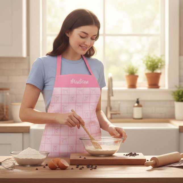 Pink Bow Coquette Modern Girly Personalized Name Apron (Creator Uploaded)