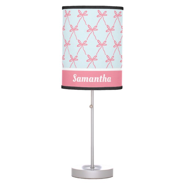 Pink Bow Coquette Pattern on Blue Custom Name Table Lamp (Front)