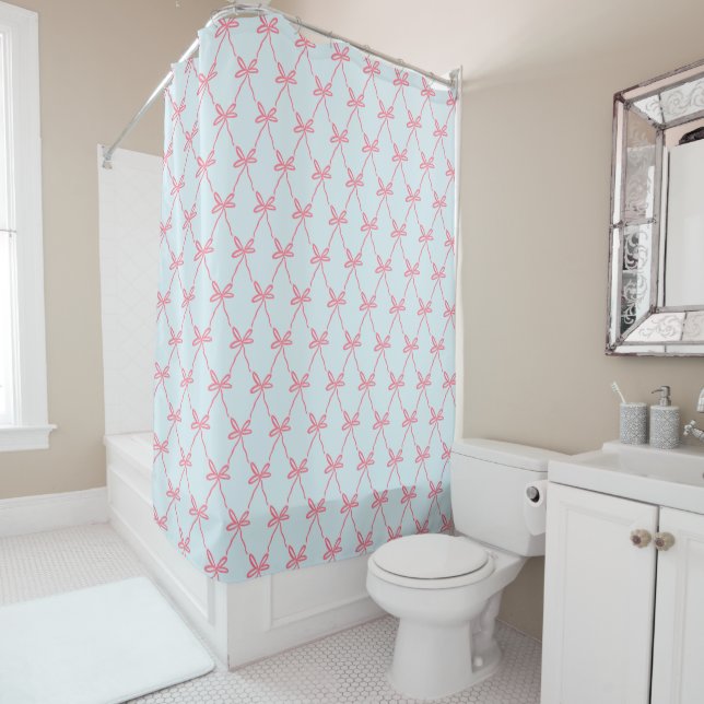 Pink Bow Coquette Pattern on Blue Shower Curtain (In Situ)