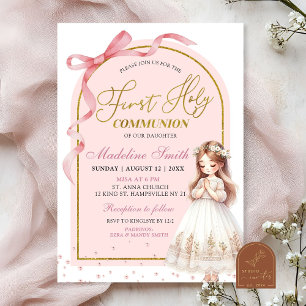 Pink Bow Coquette Pearl First Holy Communion Invitation