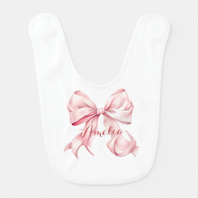 Pink Bow Coquette Personalized Baby Bib (Front)